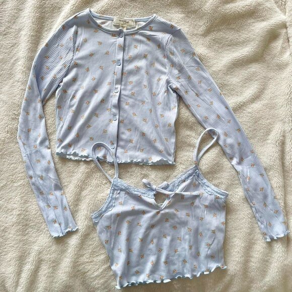 Pastel baby blue floral cropped ribbed lace trim cami and cardigan set | Size S - Picture 5 of 8